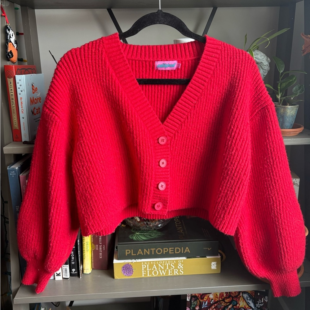 Edikted XS Red V-Neck Button-Up Sweater with Balloon Sleeves